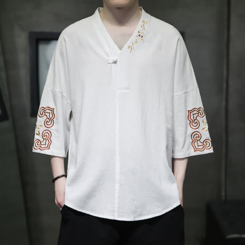 Buddha Stones Summer Tang Style Embroidery V-Neck One Frog Button Floral Men's Short Sleeve Shirts - White - US/UK/AU46，EU56 (5XL) - image 8