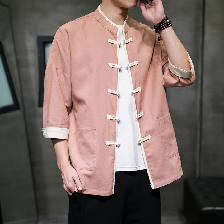 Buddha Stones Summer Tang Style Mandarin Collar Color Blocking Frog Button Men's Short Sleeve Shirts With Pockets - Pink - US/UK/AU46，EU56 (5XL) - image 24