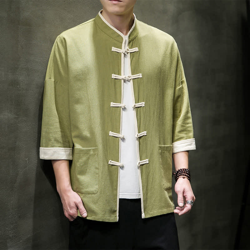 Buddha Stones Summer Tang Style Mandarin Collar Color Blocking Frog Button Men's Short Sleeve Shirts With Pockets - image 1
