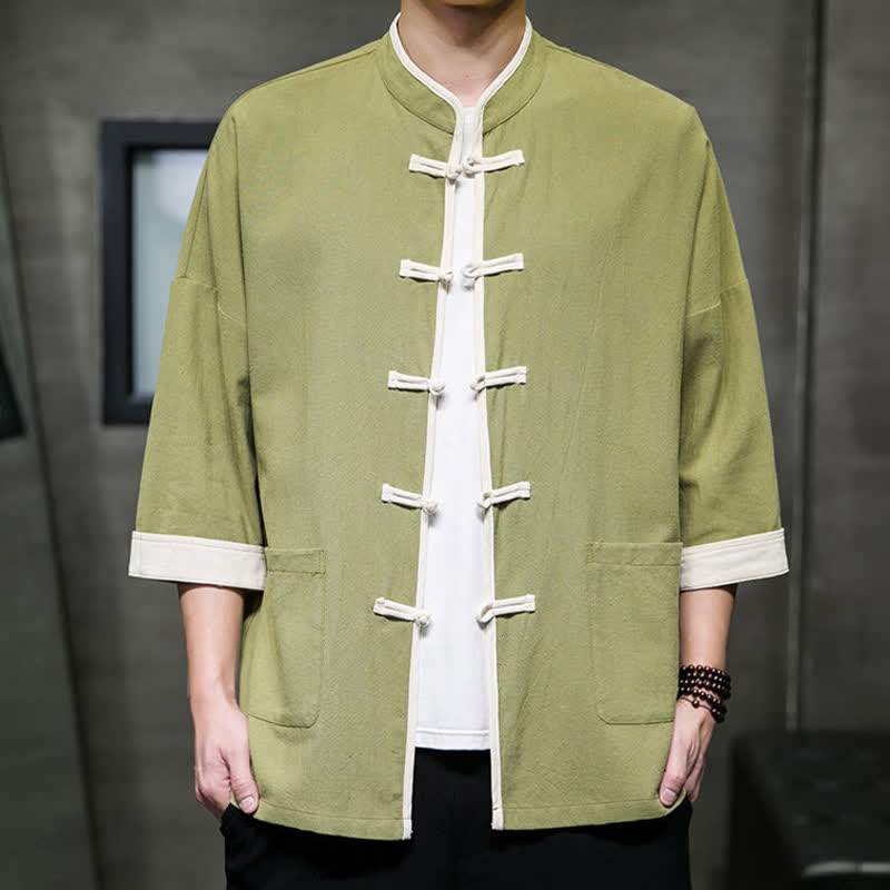 Buddha Stones Summer Tang Style Mandarin Collar Color Blocking Frog Button Men's Short Sleeve Shirts With Pockets - image 6