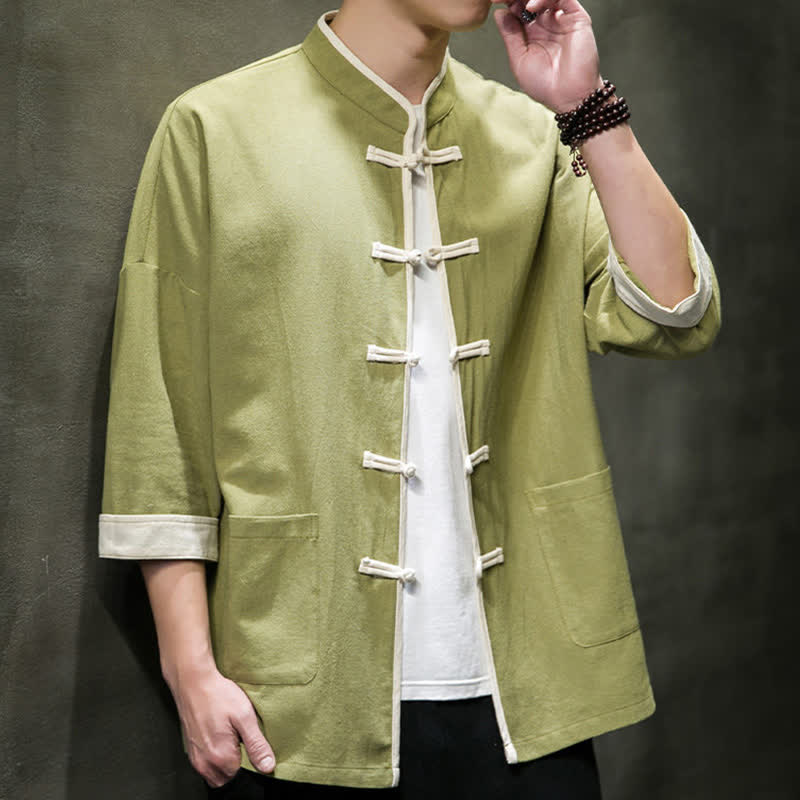 Buddha Stones Summer Tang Style Mandarin Collar Color Blocking Frog Button Men's Short Sleeve Shirts With Pockets - image 8