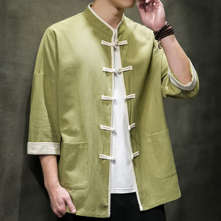 Buddha Stones Summer Tang Style Mandarin Collar Color Blocking Frog Button Men's Short Sleeve Shirts With Pockets - image 8