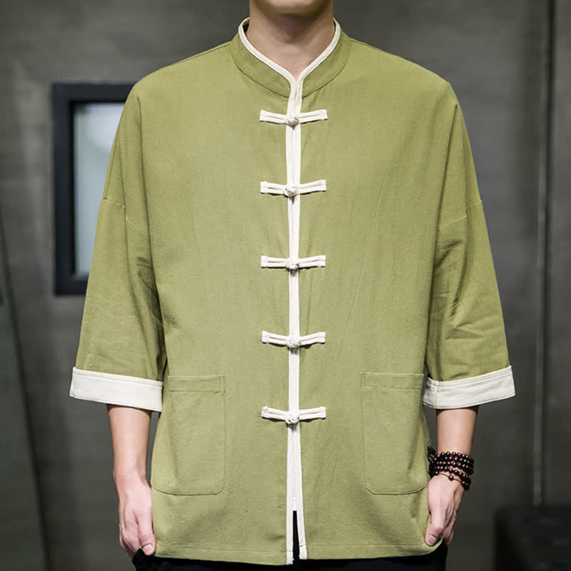 Buddha Stones Summer Tang Style Mandarin Collar Color Blocking Frog Button Men's Short Sleeve Shirts With Pockets - image 2
