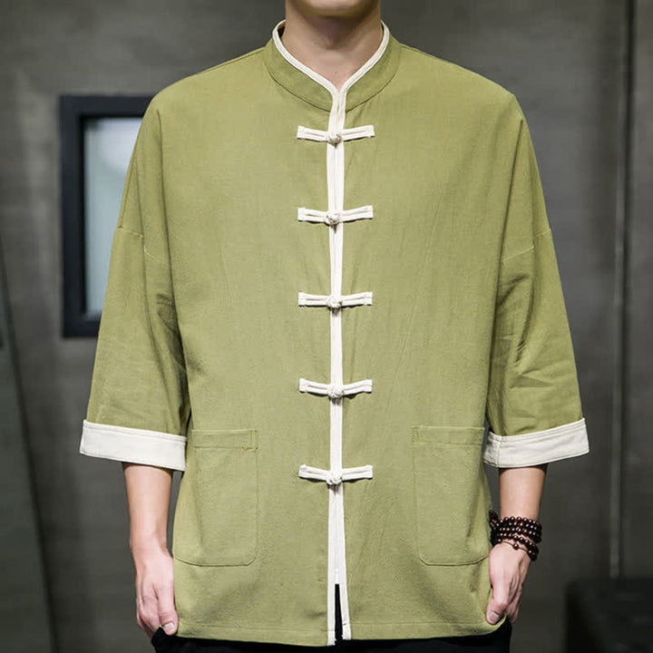 Buddha Stones Summer Tang Style Mandarin Collar Color Blocking Frog Button Men's Short Sleeve Shirts With Pockets - image 2