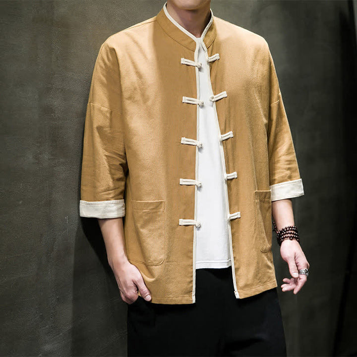 Buddha Stones Summer Tang Style Mandarin Collar Color Blocking Frog Button Men's Short Sleeve Shirts With Pockets - Tan - US/UK/AU46，EU56 (5XL) - image 14