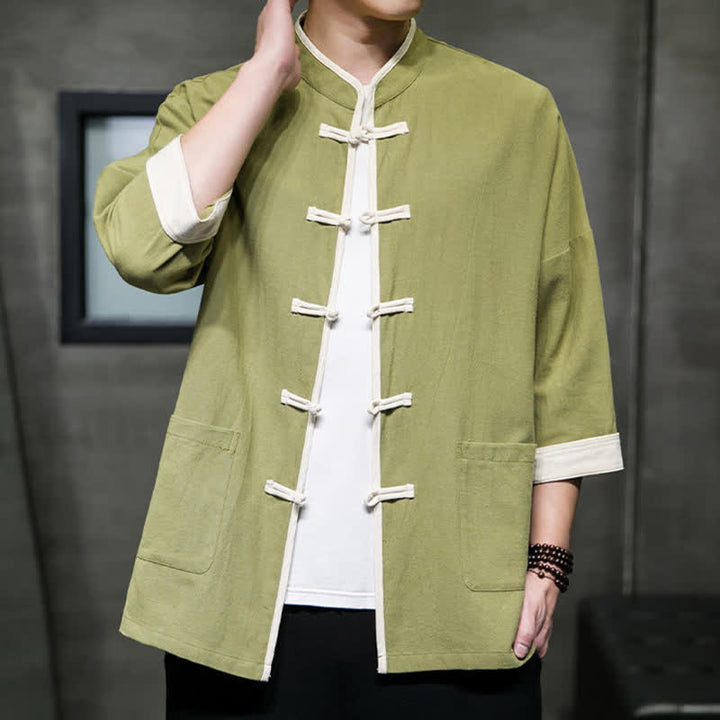 Buddha Stones Summer Tang Style Mandarin Collar Color Blocking Frog Button Men's Short Sleeve Shirts With Pockets - image 3
