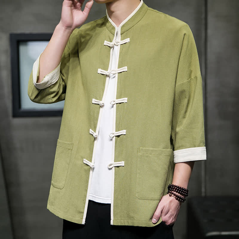 Buddha Stones Summer Tang Style Mandarin Collar Color Blocking Frog Button Men's Short Sleeve Shirts With Pockets - OliveDrab - US/UK/AU46，EU56 (5XL) - image 0