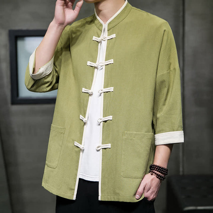Buddha Stones Summer Tang Style Mandarin Collar Color Blocking Frog Button Men's Short Sleeve Shirts With Pockets - OliveDrab - US/UK/AU46，EU56 (5XL) - image 0