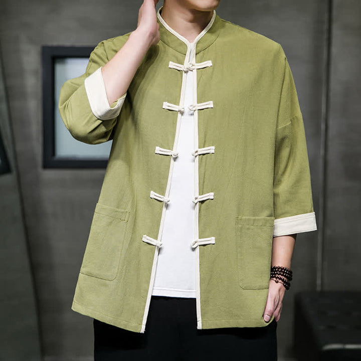 Buddha Stones Summer Tang Style Mandarin Collar Color Blocking Frog Button Men's Short Sleeve Shirts With Pockets - image 5