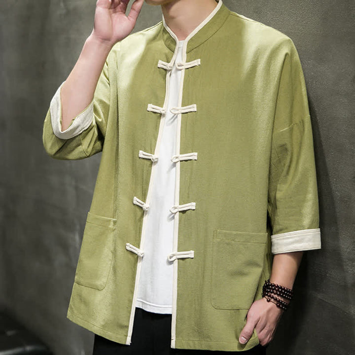 Buddha Stones Summer Tang Style Mandarin Collar Color Blocking Frog Button Men's Short Sleeve Shirts With Pockets - image 7