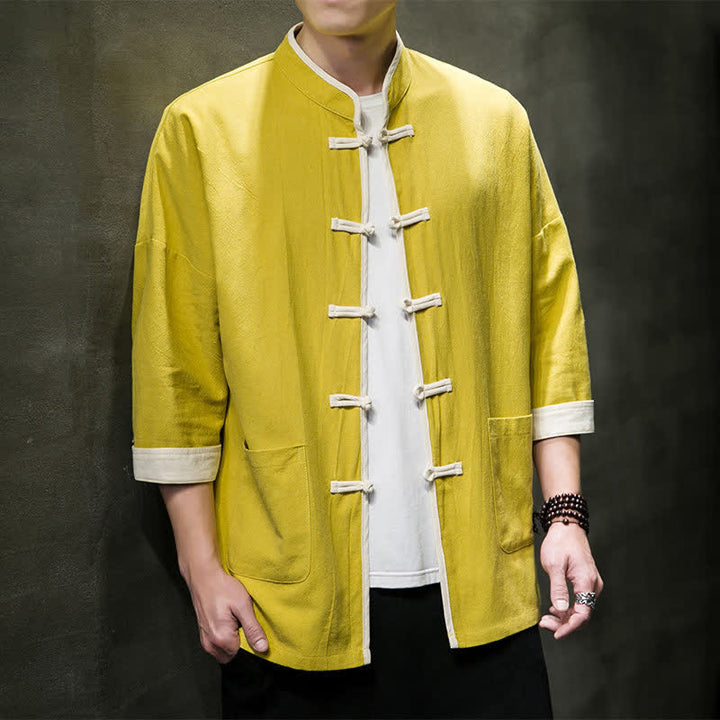 Buddha Stones Summer Tang Style Mandarin Collar Color Blocking Frog Button Men's Short Sleeve Shirts With Pockets - image 34