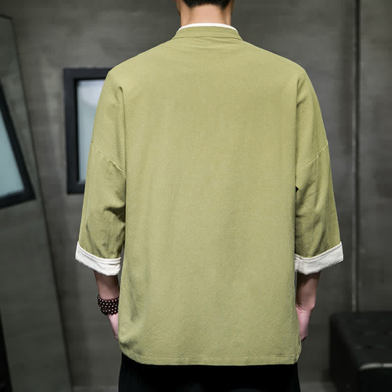 Buddha Stones Summer Tang Style Mandarin Collar Color Blocking Frog Button Men's Short Sleeve Shirts With Pockets - image 4