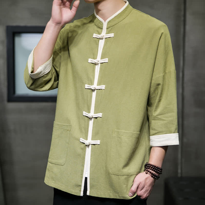 Buddha Stones Summer Tang Style Mandarin Collar Color Blocking Frog Button Men's Short Sleeve Shirts With Pockets - image 9