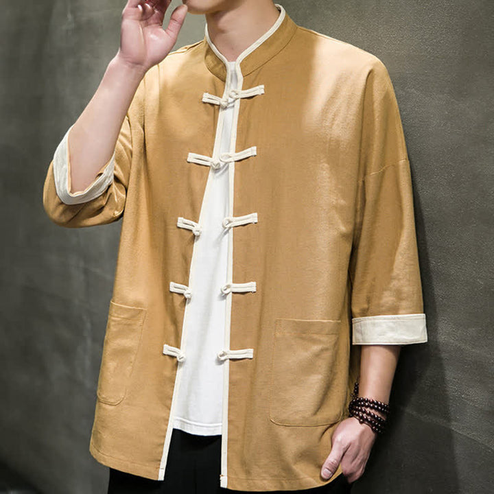 Buddha Stones Summer Tang Style Mandarin Collar Color Blocking Frog Button Men's Short Sleeve Shirts With Pockets - image 15