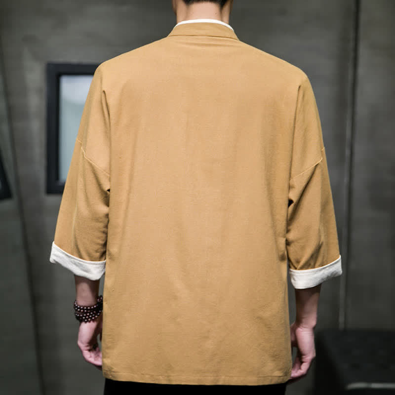 Buddha Stones Summer Tang Style Mandarin Collar Color Blocking Frog Button Men's Short Sleeve Shirts With Pockets - image 18
