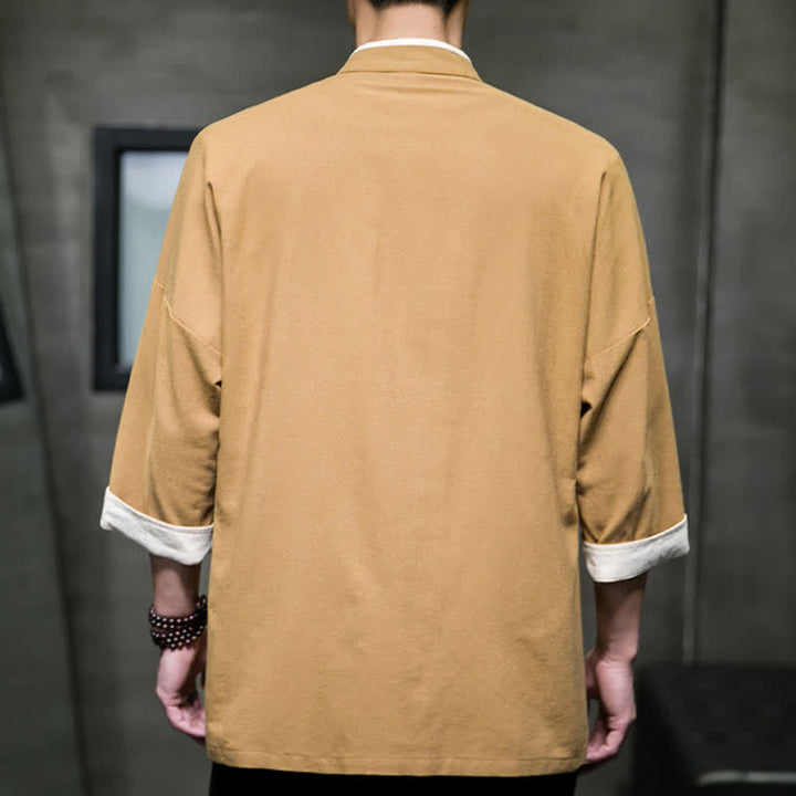 Buddha Stones Summer Tang Style Mandarin Collar Color Blocking Frog Button Men's Short Sleeve Shirts With Pockets - image 18