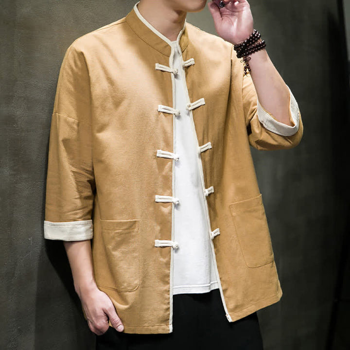 Buddha Stones Summer Tang Style Mandarin Collar Color Blocking Frog Button Men's Short Sleeve Shirts With Pockets - image 22