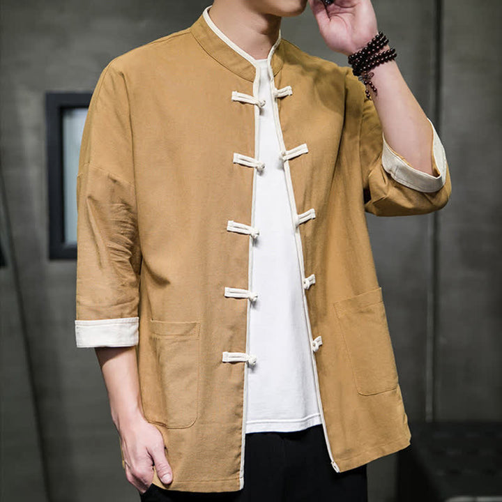 Buddha Stones Summer Tang Style Mandarin Collar Color Blocking Frog Button Men's Short Sleeve Shirts With Pockets - image 20