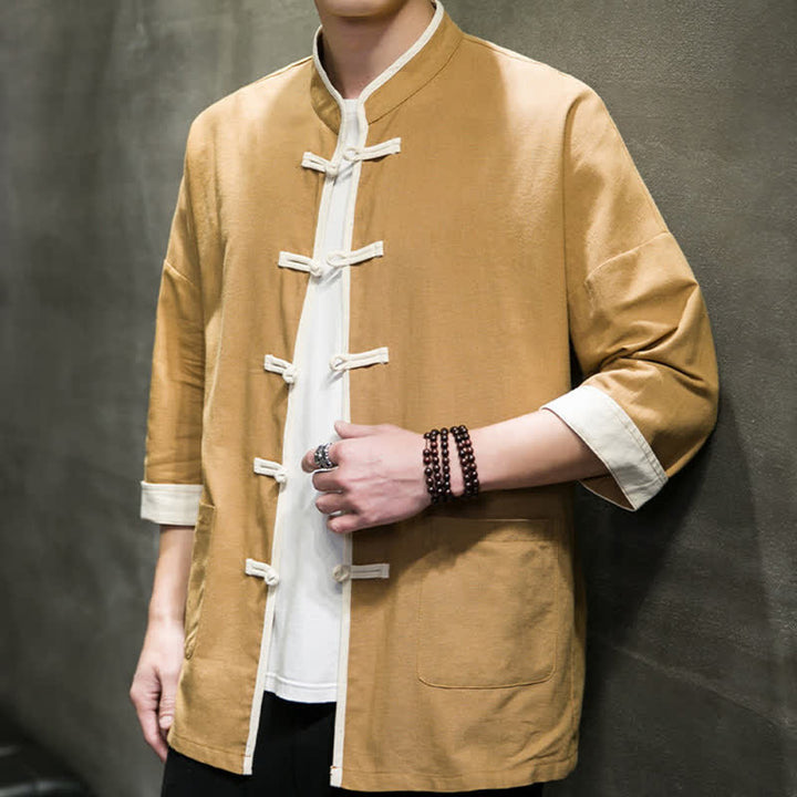 Buddha Stones Summer Tang Style Mandarin Collar Color Blocking Frog Button Men's Short Sleeve Shirts With Pockets - image 21