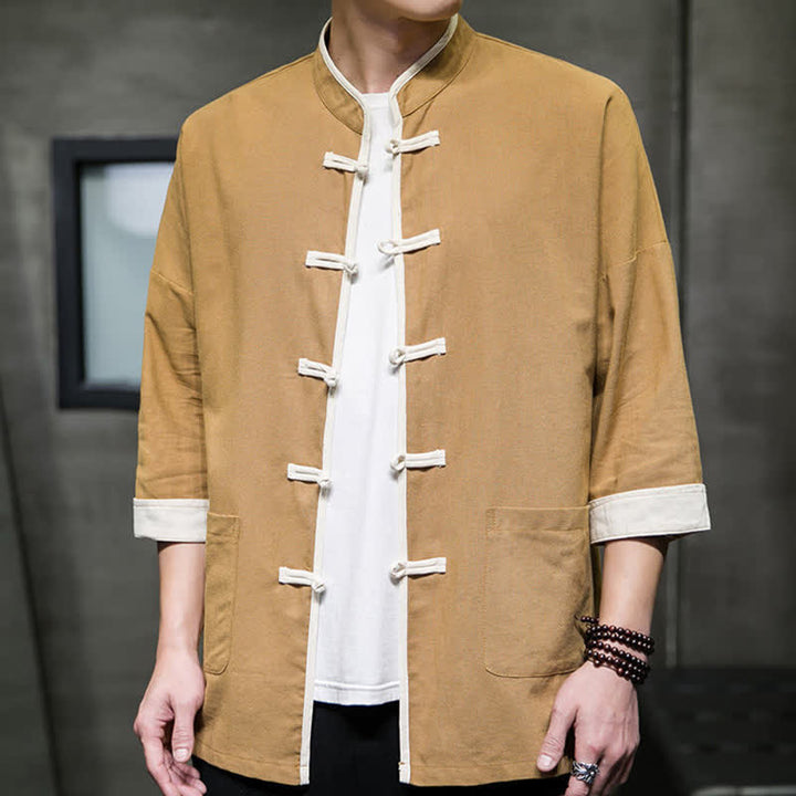 Buddha Stones Summer Tang Style Mandarin Collar Color Blocking Frog Button Men's Short Sleeve Shirts With Pockets - image 19