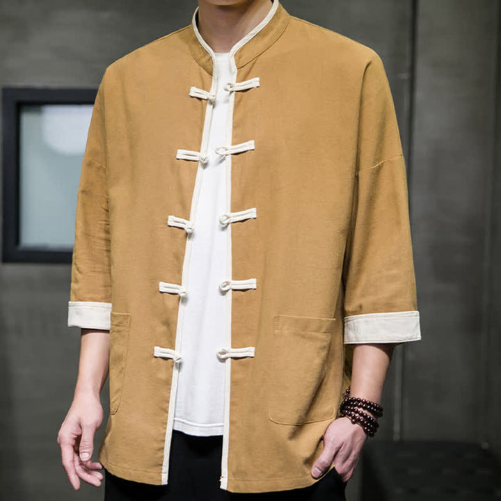 Buddha Stones Summer Tang Style Mandarin Collar Color Blocking Frog Button Men's Short Sleeve Shirts With Pockets - image 17