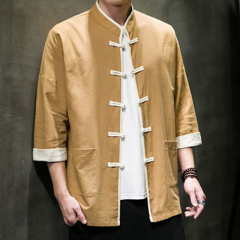 Buddha Stones Summer Tang Style Mandarin Collar Color Blocking Frog Button Men's Short Sleeve Shirts With Pockets - image 23