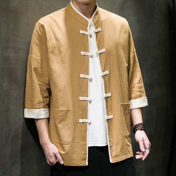 Buddha Stones Summer Tang Style Mandarin Collar Color Blocking Frog Button Men's Short Sleeve Shirts With Pockets - image 23
