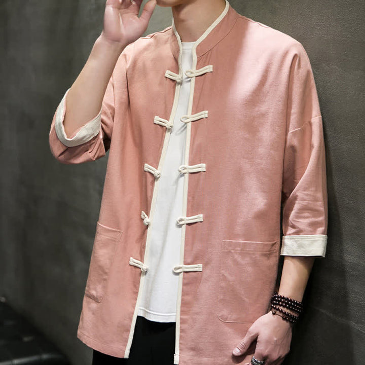 Buddha Stones Summer Tang Style Mandarin Collar Color Blocking Frog Button Men's Short Sleeve Shirts With Pockets - image 26