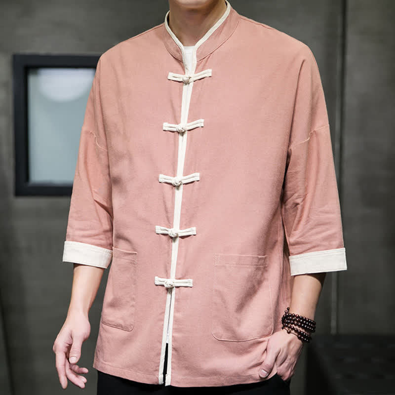 Buddha Stones Summer Tang Style Mandarin Collar Color Blocking Frog Button Men's Short Sleeve Shirts With Pockets - image 25