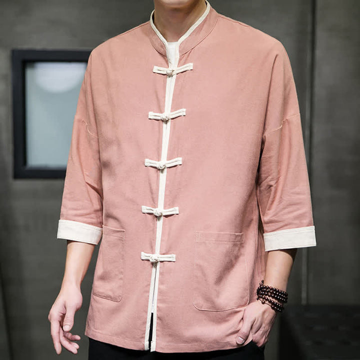 Buddha Stones Summer Tang Style Mandarin Collar Color Blocking Frog Button Men's Short Sleeve Shirts With Pockets - image 25