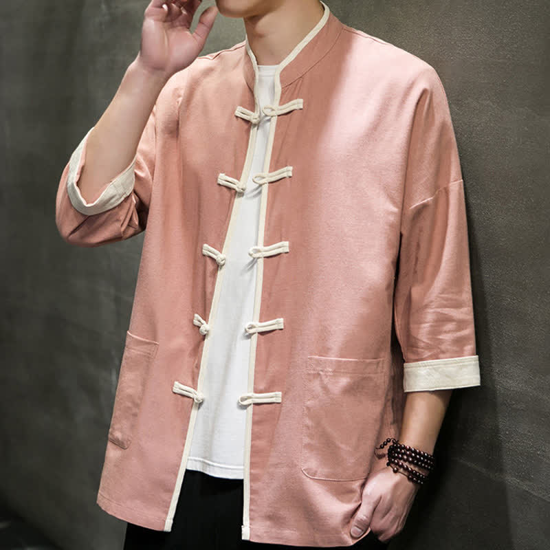 Buddha Stones Summer Tang Style Mandarin Collar Color Blocking Frog Button Men's Short Sleeve Shirts With Pockets - image 29