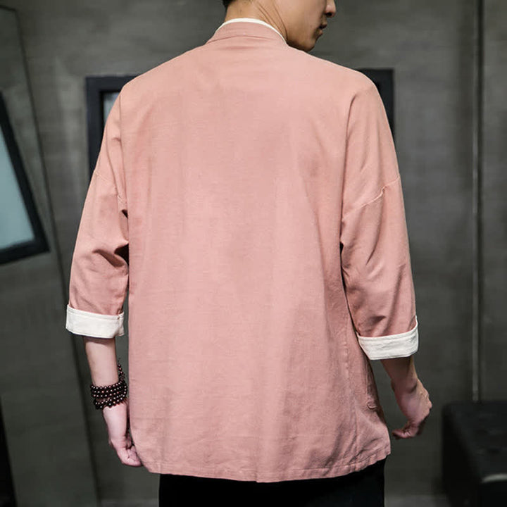 Buddha Stones Summer Tang Style Mandarin Collar Color Blocking Frog Button Men's Short Sleeve Shirts With Pockets - image 28