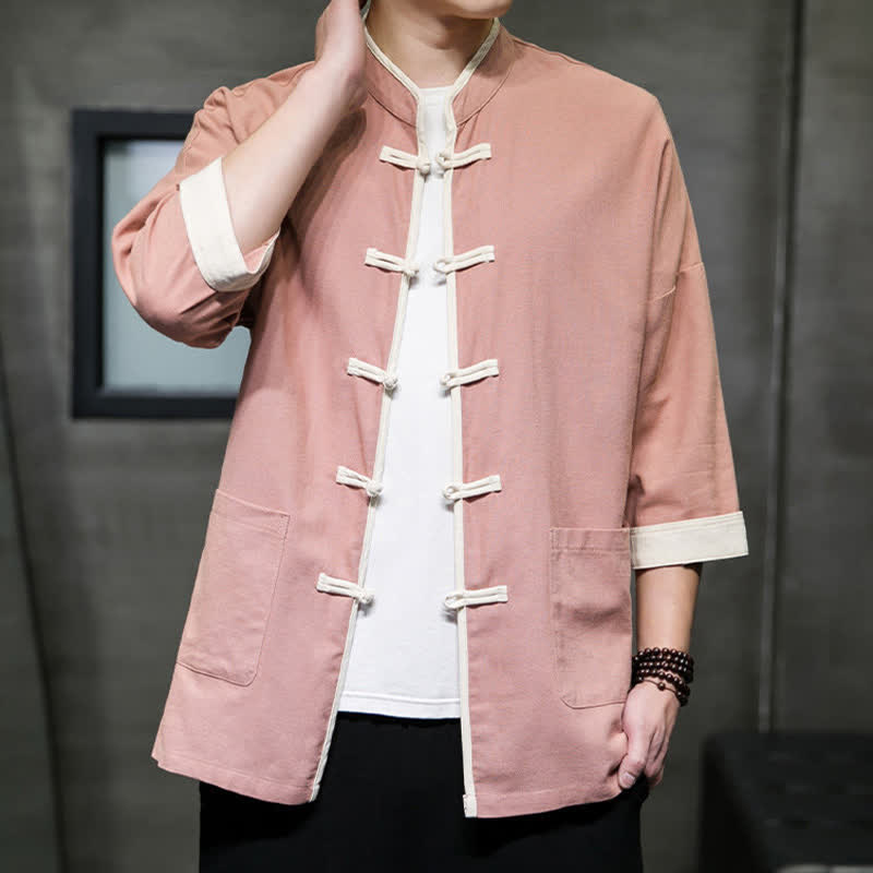 Buddha Stones Summer Tang Style Mandarin Collar Color Blocking Frog Button Men's Short Sleeve Shirts With Pockets - image 30