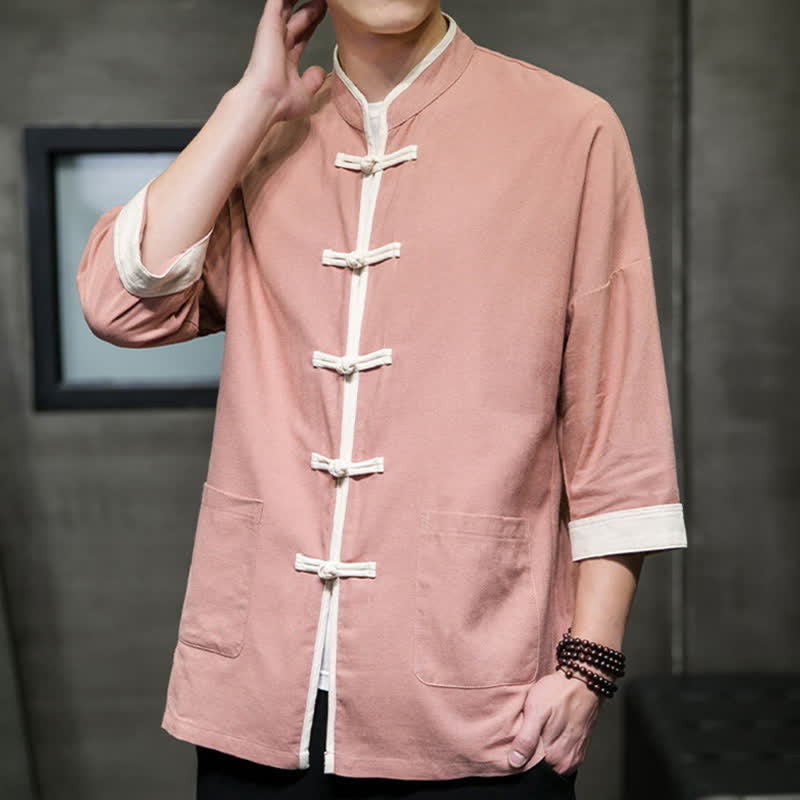Buddha Stones Summer Tang Style Mandarin Collar Color Blocking Frog Button Men's Short Sleeve Shirts With Pockets - image 32