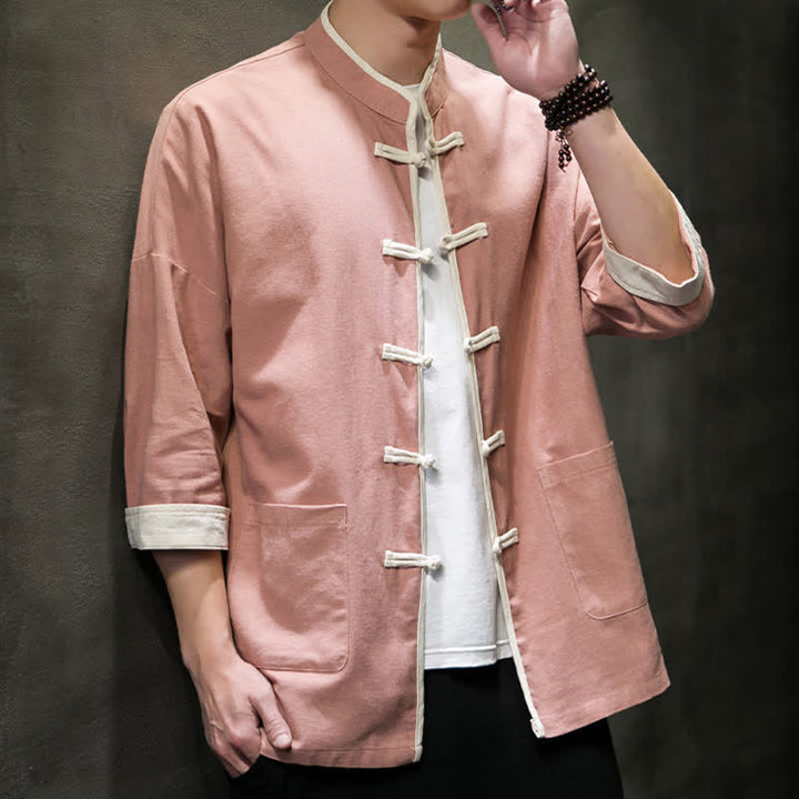 Buddha Stones Summer Tang Style Mandarin Collar Color Blocking Frog Button Men's Short Sleeve Shirts With Pockets - image 31