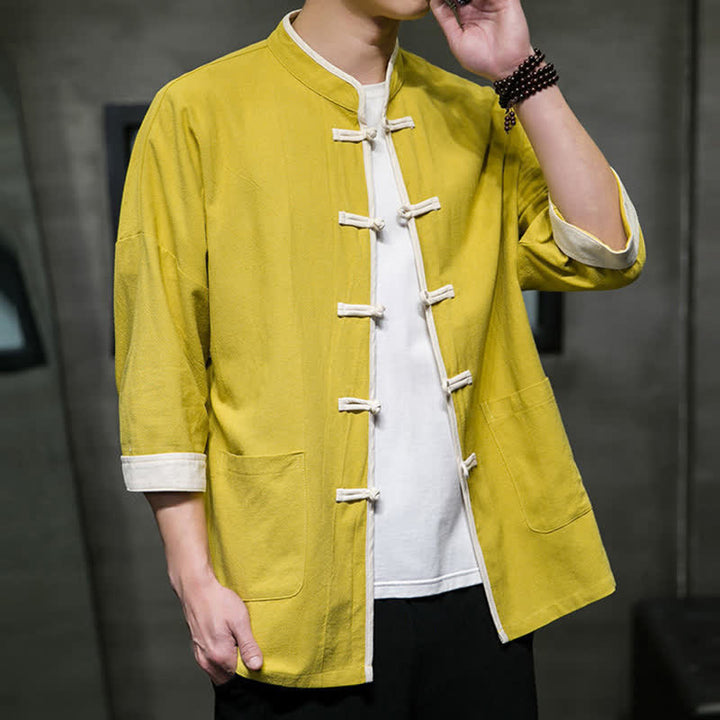 Buddha Stones Summer Tang Style Mandarin Collar Color Blocking Frog Button Men's Short Sleeve Shirts With Pockets - Goldenrod - US/UK/AU46，EU56 (5XL) - image 33