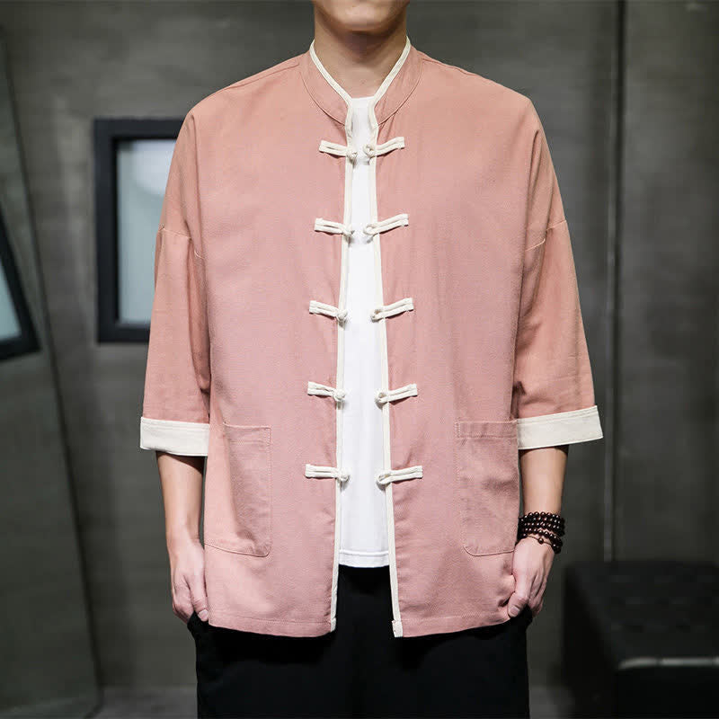Buddha Stones Summer Tang Style Mandarin Collar Color Blocking Frog Button Men's Short Sleeve Shirts With Pockets - image 27