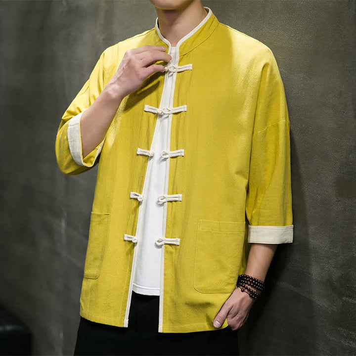 Buddha Stones Summer Tang Style Mandarin Collar Color Blocking Frog Button Men's Short Sleeve Shirts With Pockets - image 36