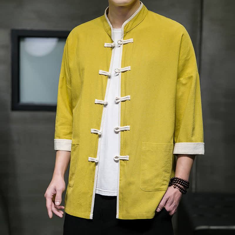 Buddha Stones Summer Tang Style Mandarin Collar Color Blocking Frog Button Men's Short Sleeve Shirts With Pockets - image 37