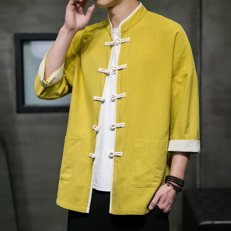 Buddha Stones Summer Tang Style Mandarin Collar Color Blocking Frog Button Men's Short Sleeve Shirts With Pockets - image 35
