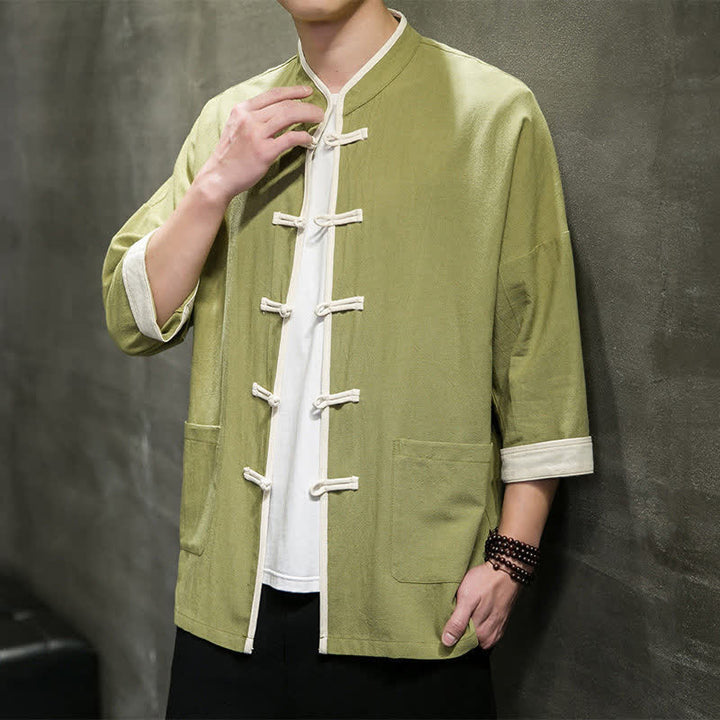 Buddha Stones Summer Tang Style Mandarin Collar Color Blocking Frog Button Men's Short Sleeve Shirts With Pockets - image 10