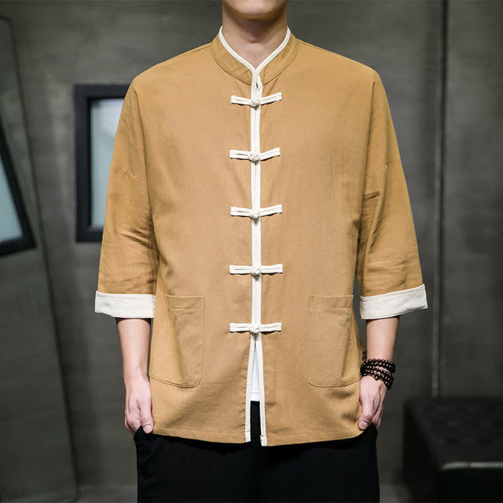 Buddha Stones Summer Tang Style Mandarin Collar Color Blocking Frog Button Men's Short Sleeve Shirts With Pockets - image 16