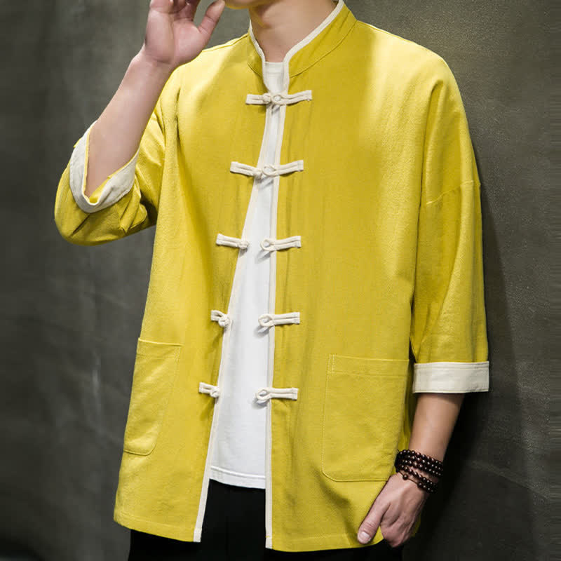 Buddha Stones Summer Tang Style Mandarin Collar Color Blocking Frog Button Men's Short Sleeve Shirts With Pockets - image 38