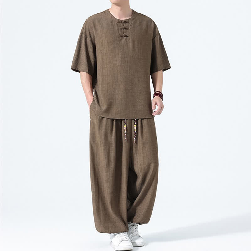 Buddha Stones 2Pcs Summer Tang Style Frog Button Solid Short Sleeve Shirt Harem Pants Men's Meditation Cloth With Pockets - image 5
