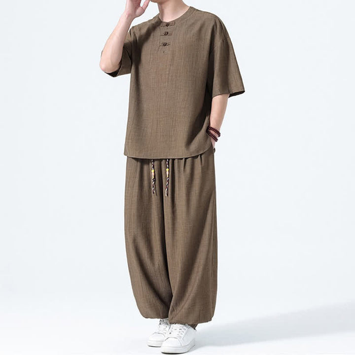 Buddha Stones 2Pcs Summer Tang Style Frog Button Solid Short Sleeve Shirt Harem Pants Men's Meditation Cloth With Pockets - image 4