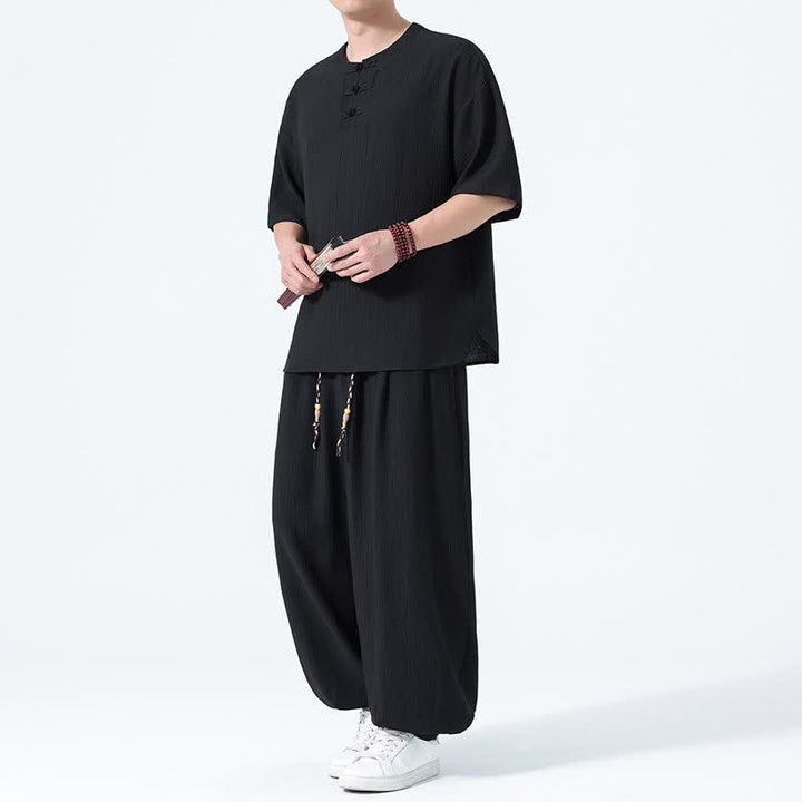 Buddha Stones 2Pcs Summer Tang Style Frog Button Solid Short Sleeve Shirt Harem Pants Men's Meditation Cloth With Pockets - Black - US/UK/AU46，EU56 (5XL) - image 6