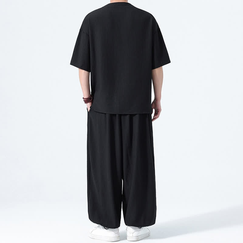 Buddha Stones 2Pcs Summer Tang Style Frog Button Solid Short Sleeve Shirt Harem Pants Men's Meditation Cloth With Pockets - image 9