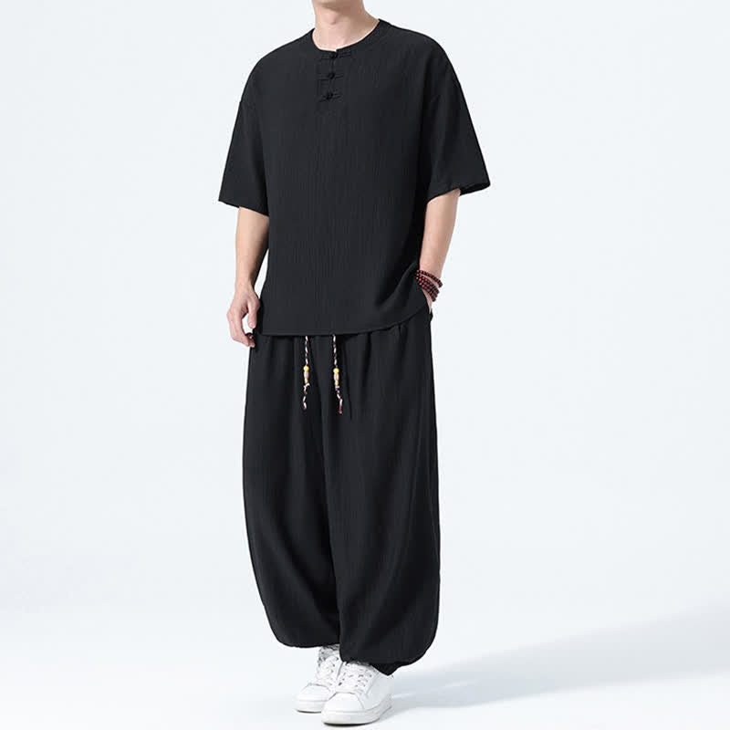 Buddha Stones 2Pcs Summer Tang Style Frog Button Solid Short Sleeve Shirt Harem Pants Men's Meditation Cloth With Pockets - image 10
