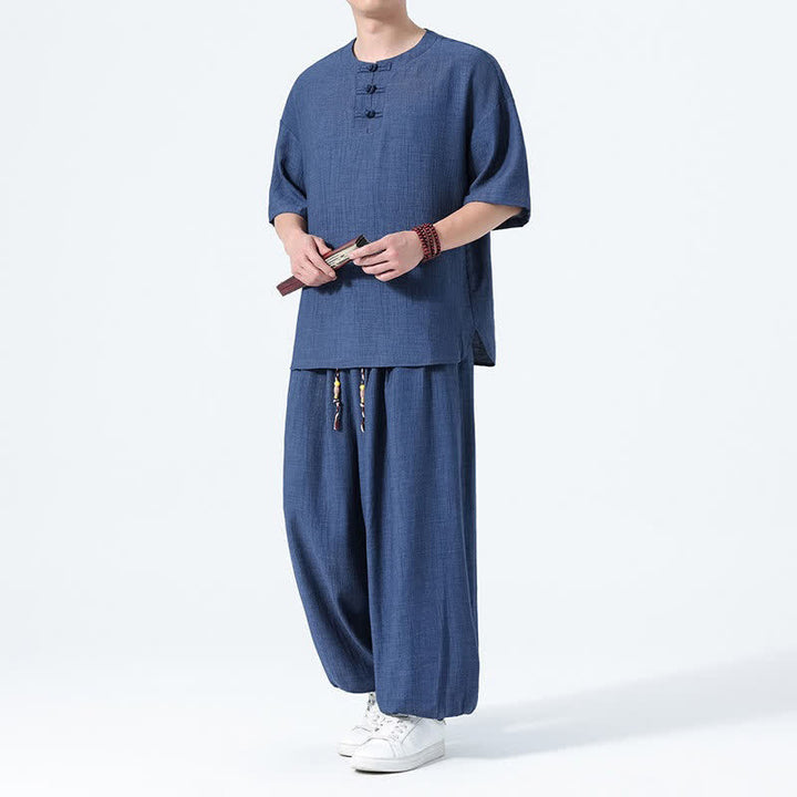 Buddha Stones 2Pcs Summer Tang Style Frog Button Solid Short Sleeve Shirt Harem Pants Men's Meditation Cloth With Pockets - Navy - US/UK/AU46，EU56 (5XL) - image 13