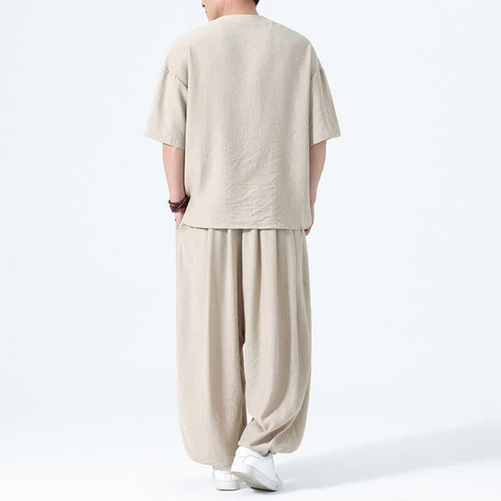 Buddha Stones 2Pcs Summer Tang Style Frog Button Solid Short Sleeve Shirt Harem Pants Men's Meditation Cloth With Pockets - image 23